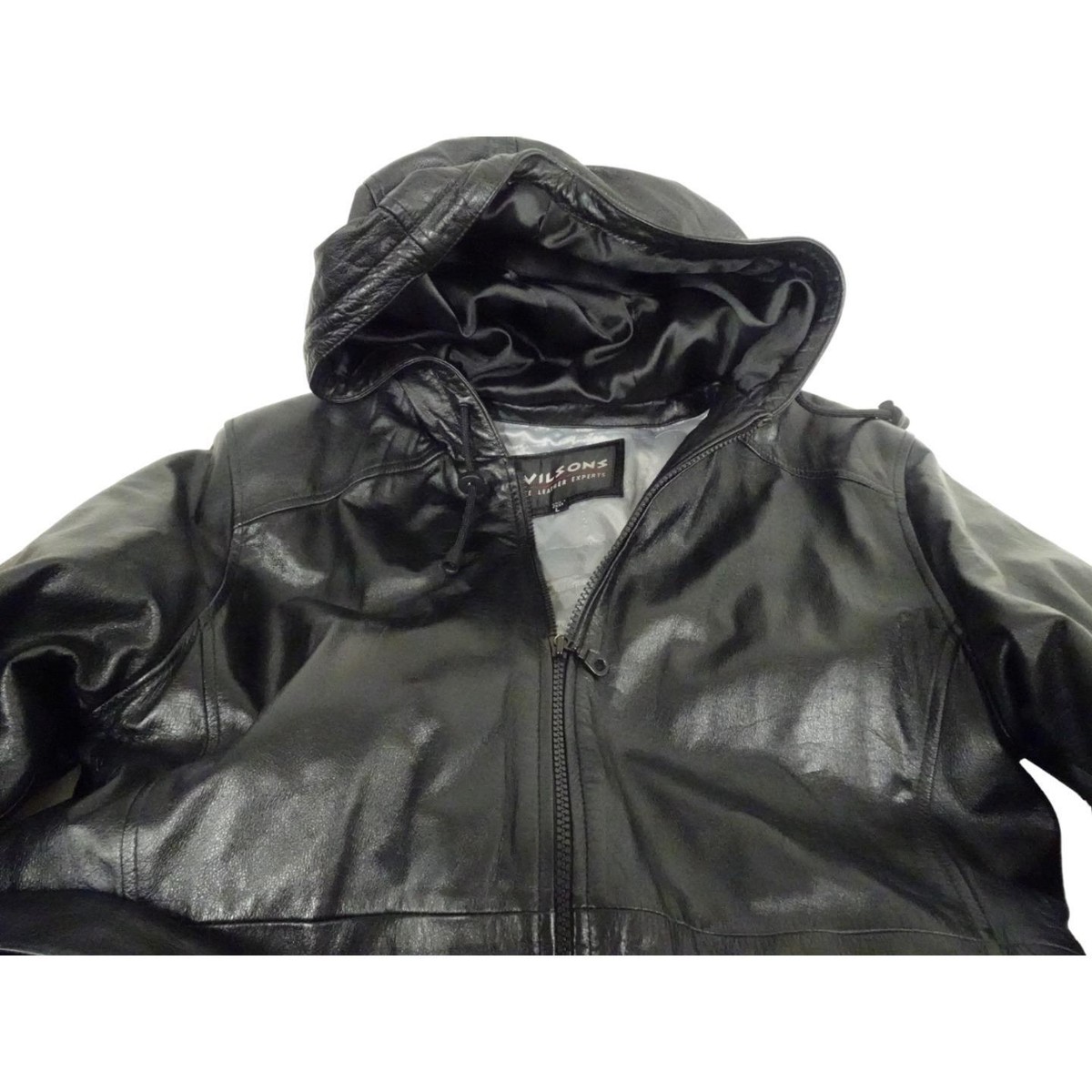 Wilson Womens Black Leather Polyester Size Large Hooded Jacket Coat