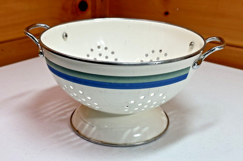 Vtg Pfaltzgraff Colander Strainer Enamel Ivory Green Blue Stripe Farmhouse Retro