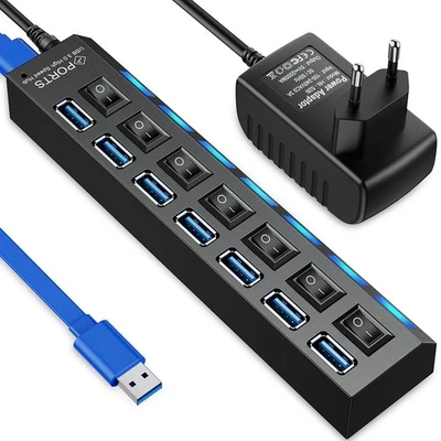 Für PC Laptop USB 3.0 Hub 4/7-Port Splitter Adapter mit Aktiv Netzteil Verteiler - Bild 1 von 4