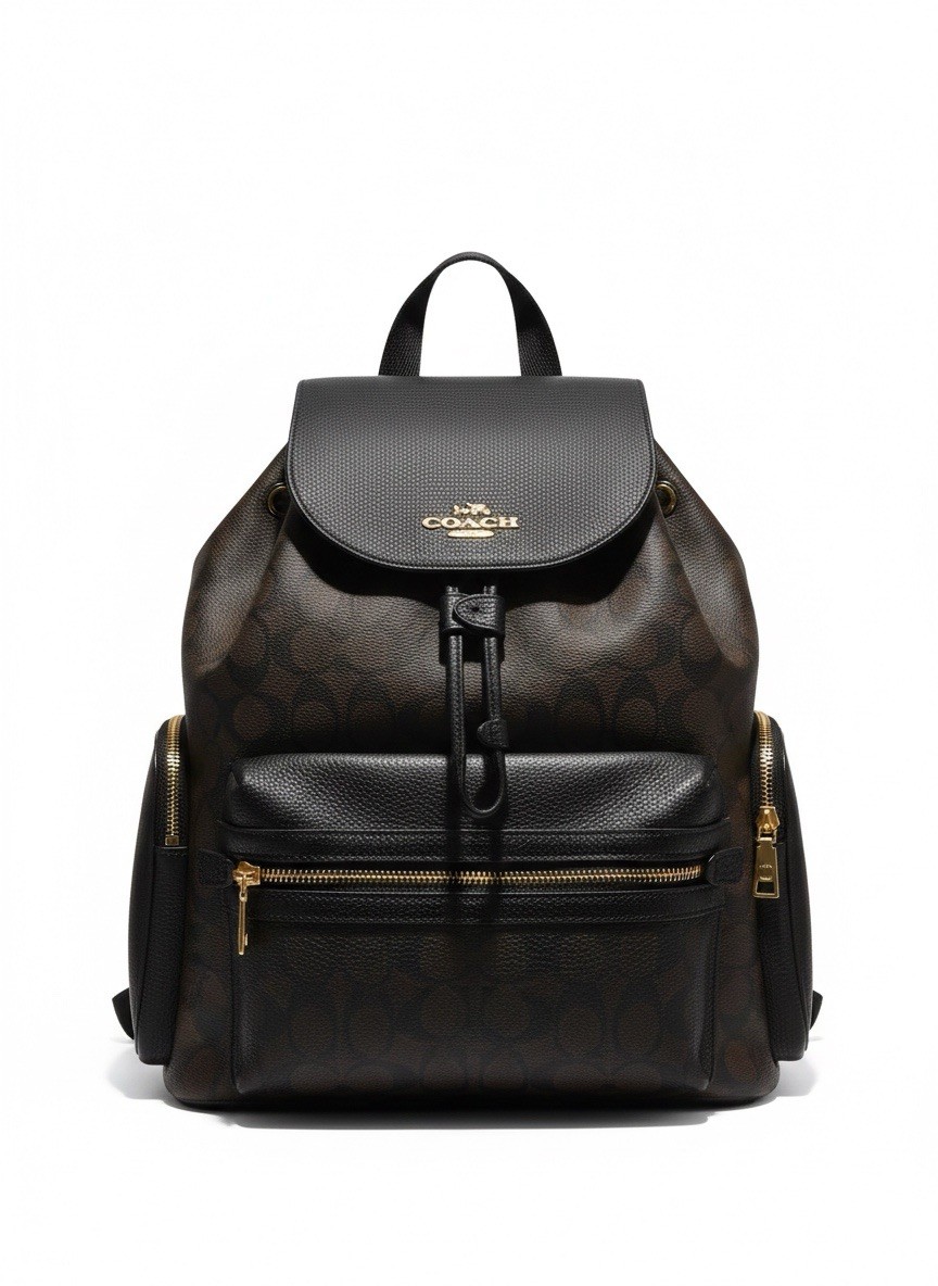 Coach Logo Backpack Black/Brown Gold Hardware Designer Women's Bag