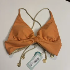 Luli Fama buena vista reversible drawstring halter bikini top, Small, Melon, NWT