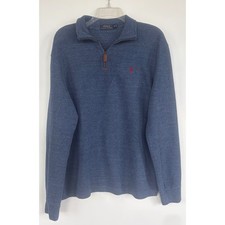 Polo Ralph Lauren Quarter Zip Sweater Blue Cotton Knit Mens Medium Red Pony Prep