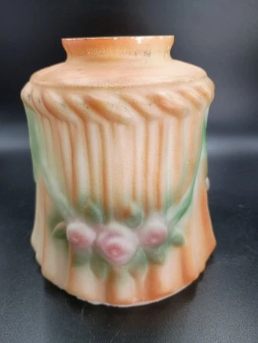 Hand Painted Floral Rose Swag Satin Milk Glass Lamp Shade 1940s