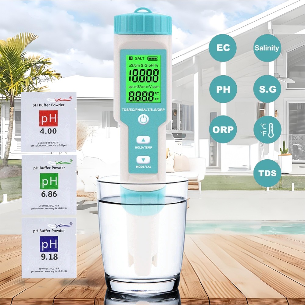 Probador de calidad de piscina 7 en 1 probador de agua para PH/TDS/SALT/ORP/S.G/TEMP/EC 0-14 pH