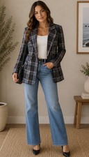 Avec Les Filles Double Breasted Plaid Blazer Jacket Sz Medium Blue Anthropologie