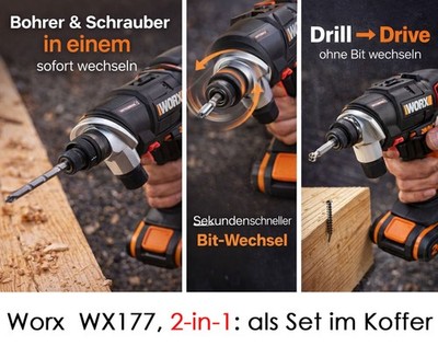 WORX WX177 20V AKKU AKKUSCHRAUBER SCHRAUBEN + BOHREN 2-IN-1 SCHNELLWECHSLER NEU