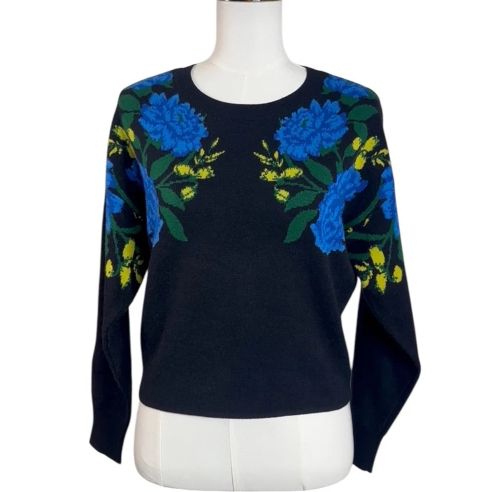Suéter Anthropologie Maeve Floral Camryn Cuello Redondo Talla XS Cuadrado Negro Delicado Foto 2 de 4