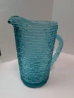 VTG MC 60s Anchor Hocking Soreno Glass Pitcher Turquoise Aqua Pressed Bark 7 in