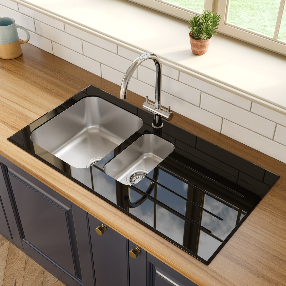 Sinkoro Kitchen Sink Bowl Stainless Steel RH Drainer Black Glass  Surround