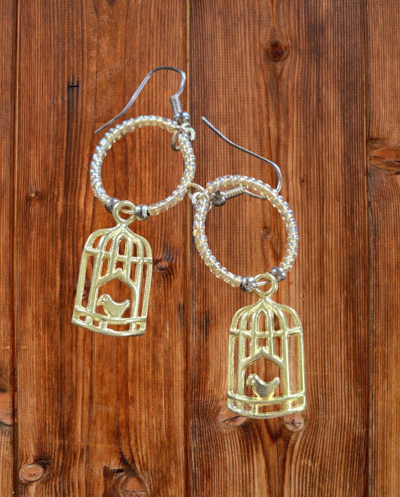 , Birdcage Earrings Gold Tone Beaded Hoops Next Day Ship