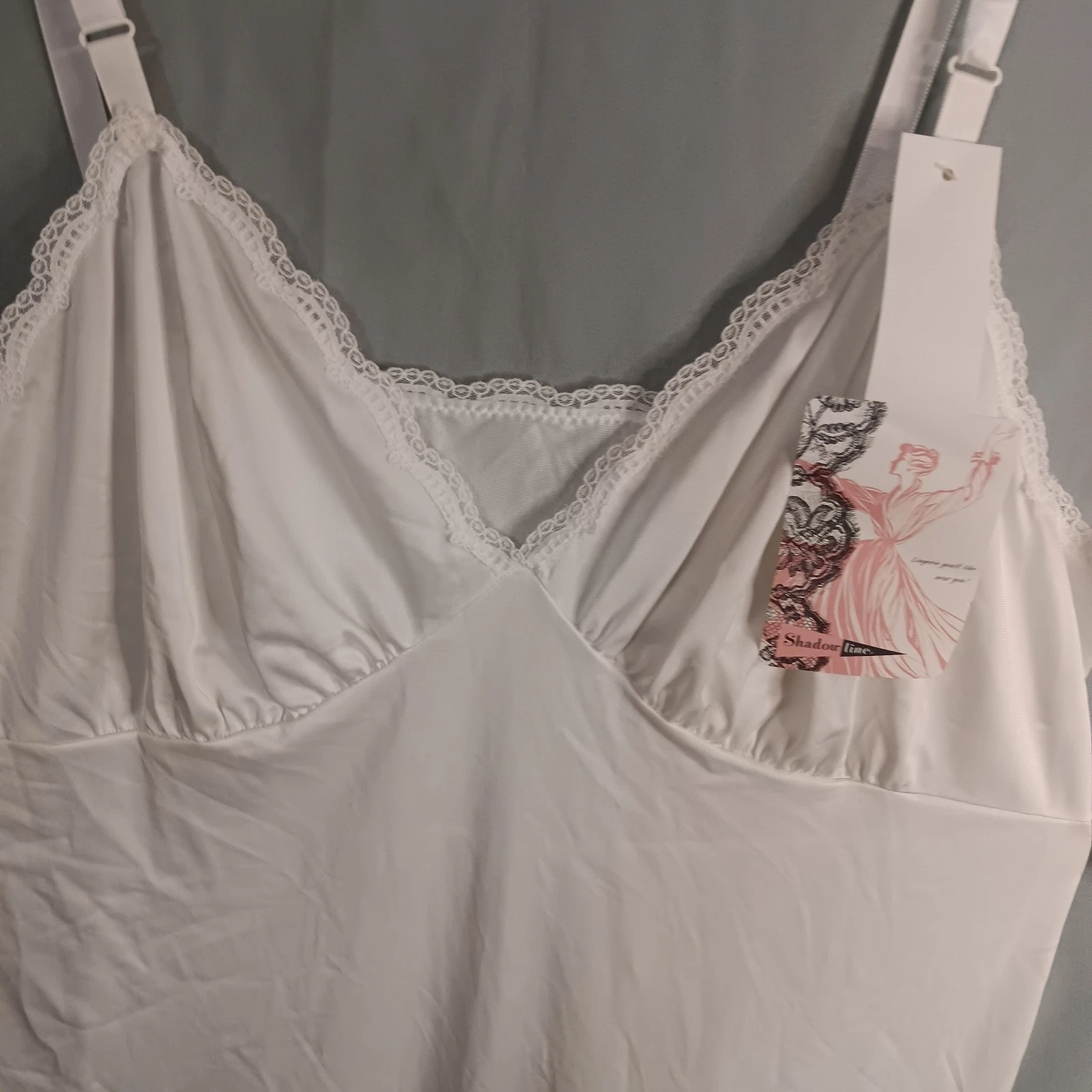 OFF WHITE Abito slip vintage Shadowline nuovo con etichette 40 panna lingerie bianco sporco pizzo trasparente nylon completo