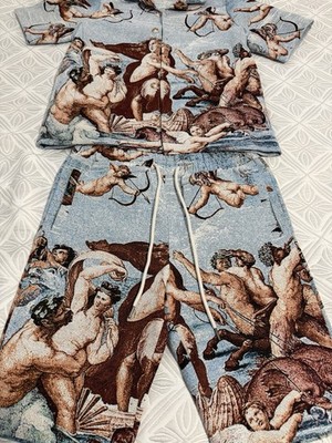 Rebel Romance Men s S 2pc Cotton Button-Up Shirt & Shorts Set Art Print Blue