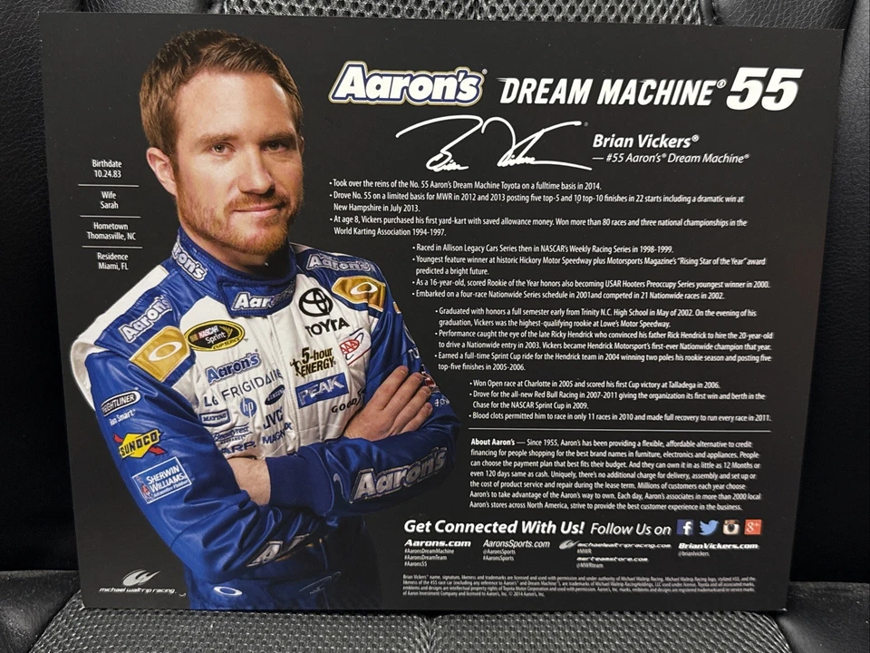 2014 Brian Vickers #55 Aaron’s Dream Machine NASCAR Cup Series Hero Card - Image 2 of 2