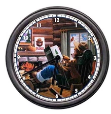 Smokey Bear Forest Service Fire Fighter Log Cabin Woods Reading Sign Wall Clock