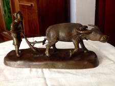Scultura asiatica in bronzo "Aratore e bufalo d'acqua", fine '800
