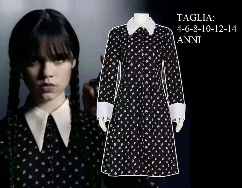 COSTUME CARNEVALE MERCOLEDI FAMIGLIA ADDAMS SERIE TV NETFLIX BAMBINA +  PARRUCCA