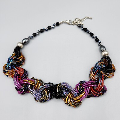 Artisan Multi Color Jewel Tone Fire Glazed Glass Bead Braided Necklace 19''