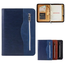 Leather A5 Padfolio with Calculator Zippered Business Portfolio Folder Organizer