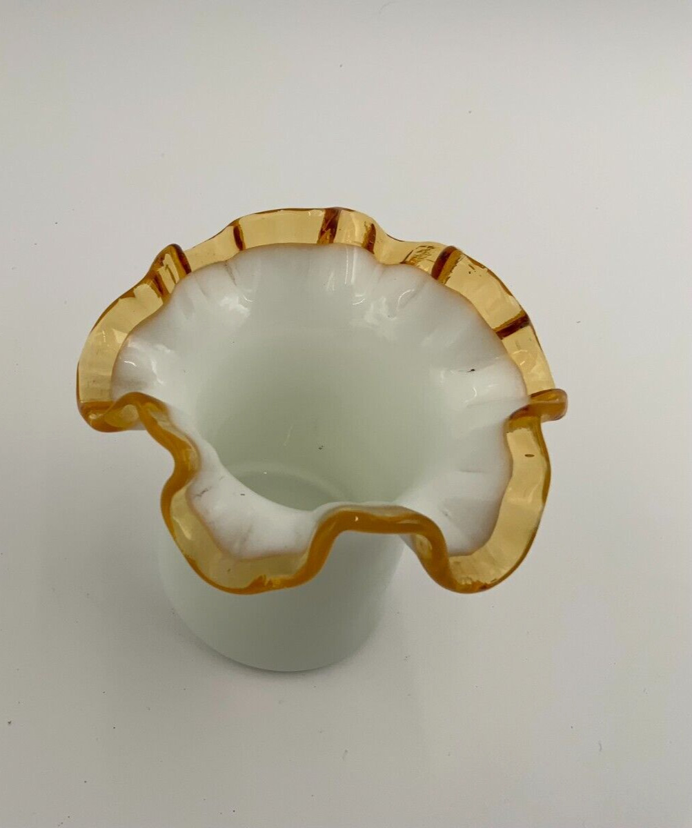 Vintage Fenton White Milk Glass Vase Marigold Yellow Crimped Trim EUC