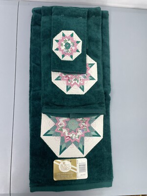 Vintage Royal Terry 3 Pc Bath Towel Set Ensemble Quilted Star Embroidered Green