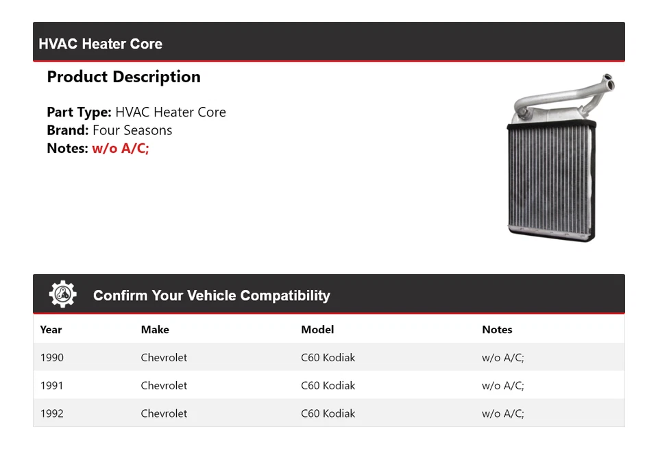 Para Chevrolet C60 Kodiak 1990-1992 HVAC núcleo de calefacción 4 estaciones 1991 Foto 2 de 3