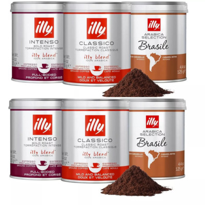 Illy Ground Coffee Bundle 6 Pack - Classico, Intenso and Brasile 4.4oz Tin 05/26