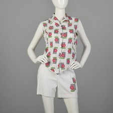 M 1960s White Short Set Floral Novelty Print Matching Top Summer Outfit 60s VTG