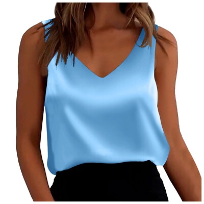 HOT Satin Tank Tops For Women Fit Sleeveless V Neck Camisole Blouses Shirt Top N