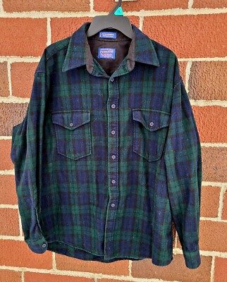 Pendleton Outdoorsman 100% Wool Large Plaid Button Down Shirt blue