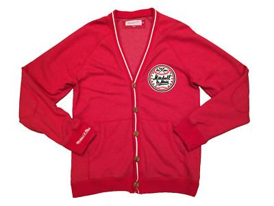 Mitchell & Ness Men's Red Varisity V-Neck Button Down Embroidered Sweater Size M
