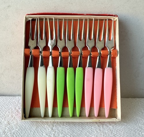 Vintage MCM Appetizer Forks Little Fork Japan 18-8 Stainless Steel Pastel 9pc