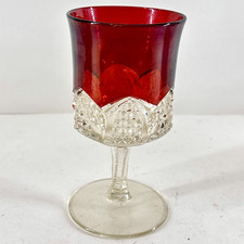 Vintage Ruby Flash Glass Goblet Pressed Clear Base Thumbprint Panel Wine Glass