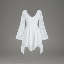 Solid V Neck Ruffle Lace White Mini Dress “Cider” Brand NWT Size S Long Sleeve