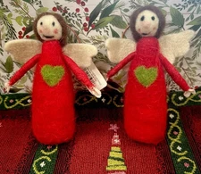 Vtg Needle Felted Angel Ornaments set of 2 Red White Green Heart Christmas 5.5”