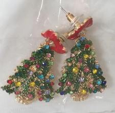 Holiday Sparkly Rhinestone Christmas Tree Dangle Drop Earrings Beautiful