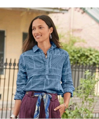 Dylan Sundance Stone Patchwork blue women's shirt Small