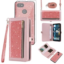 Phone Case for Google Pixel 2XL Zipper Wallet Detachable Cell Cover with Temp...