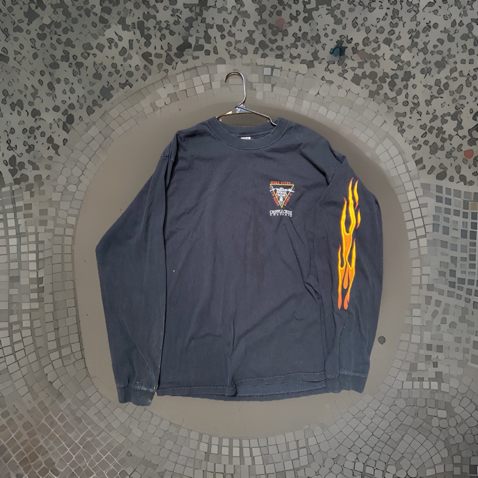 MENS Vintage Biker Work Sucks Flames Long Sleeve Size Xl