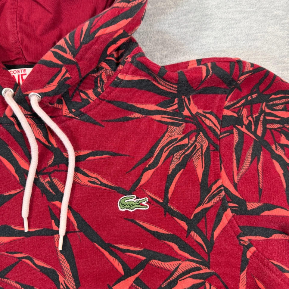 Sudadera con Capucha Lacoste Hombres 5 Rojo Negro Estampado de Hojas Pullover Ropa de Calle Logo Live Pequeña Foto 2 de 4