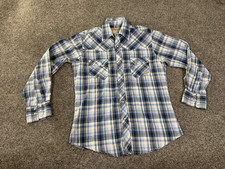 Wrangler Pearl Snap Button Up Shirt Mens Medium Blue wrancher Western Cowboy