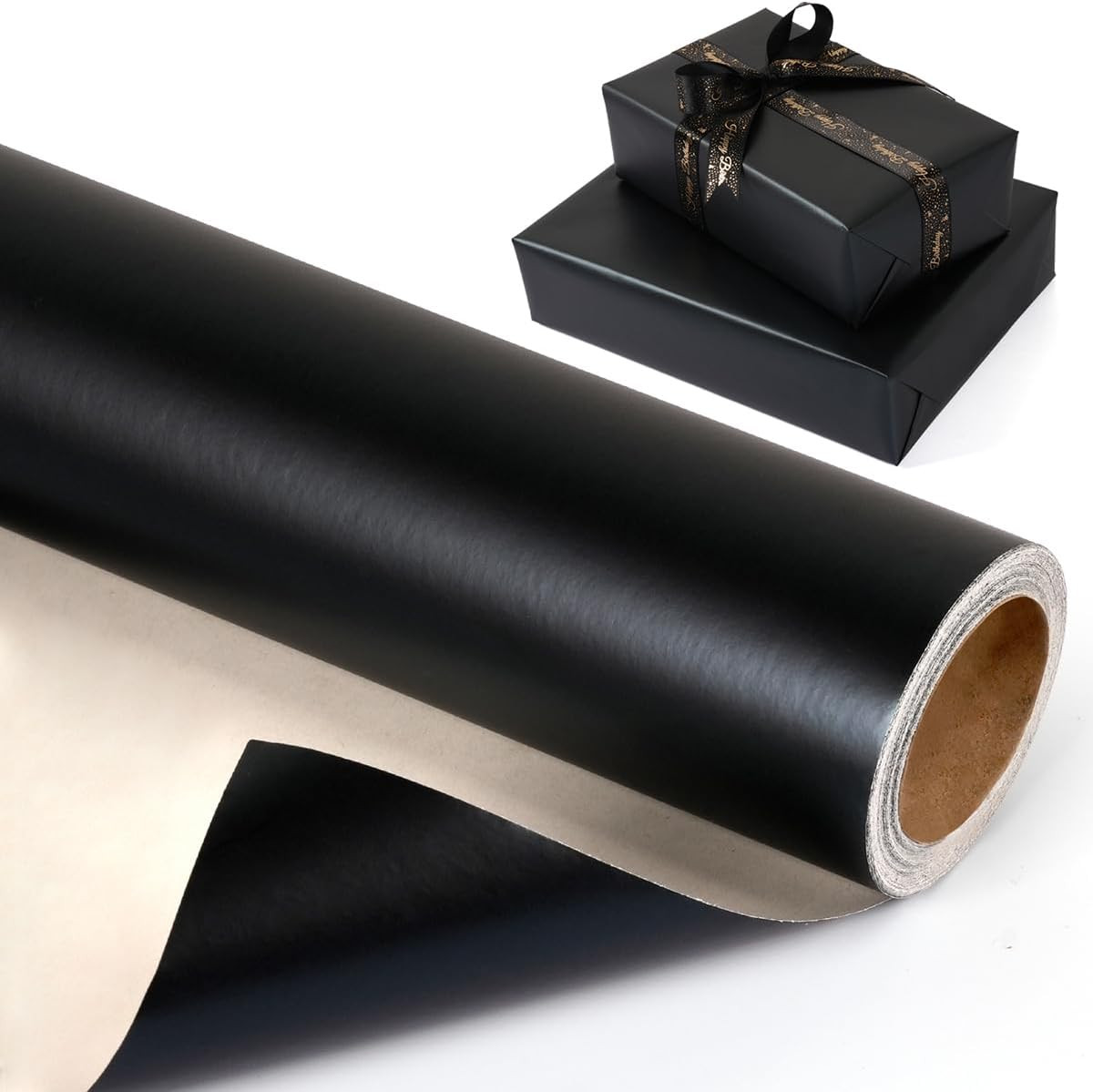 Black Wrapping Paper Roll 43Cm X 10M, Metallic Matte Black Birthday Wrapping Pap