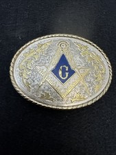 Vintage Masonic Belt Buckle Oval Gold Silver Tone Blue Freemason USA Made