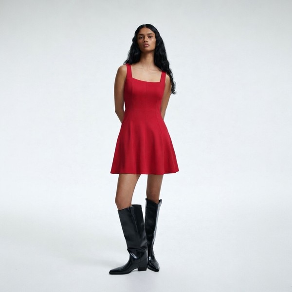 H&M Red Fit & Flare Mini Dress XS Square Neck Skater Flippy Party Dress
