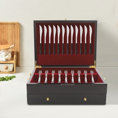 2 Tiers Wooden Silverware Chest Forks Spoons Knives Storage Box For Home, Hotels