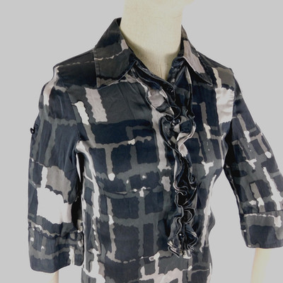 Express Design Studio Women Silk Gray Scale Dress 1/3 Button Roll Sleeves Sz XS
