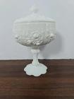 Vintage Fenton Cabbage Rose Milk Glass Pedestal Candy Dish w Lid