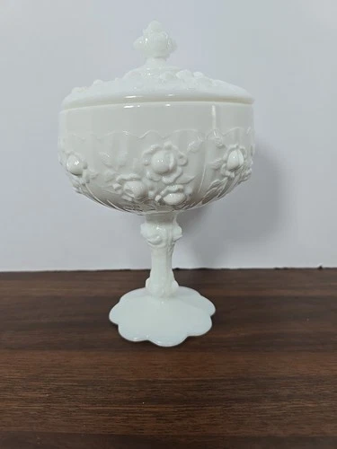 Vintage Fenton Cabbage Rose Milk Glass Pedestal Candy Dish w Lid