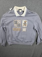Vintage Teddi Sweatshirt Womens Large Collared Embroidered  bear Leaf Granny