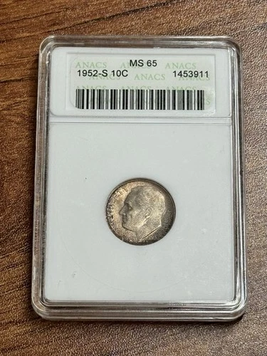 1952 S Roosevelt Silver Dime Gem BU ANACS MS65 Old Soapbox Holder (Slab3312)