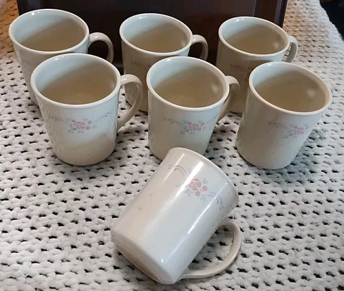 Set of 7 Corning Ware Rosemarie Pink Rose Blue Coffee Mugs Cups